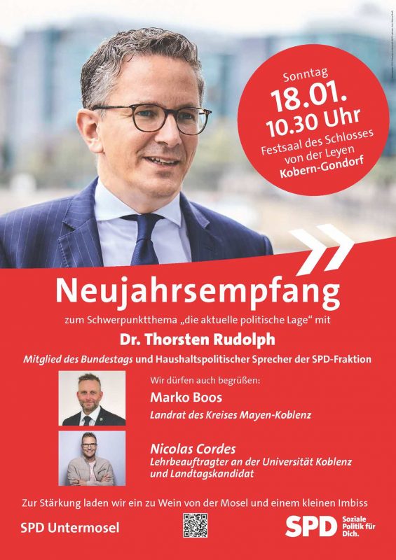 Neujahrsempfang am 18.01.2026 Plakat zum Neujahrsempfang der SPD Untermosel